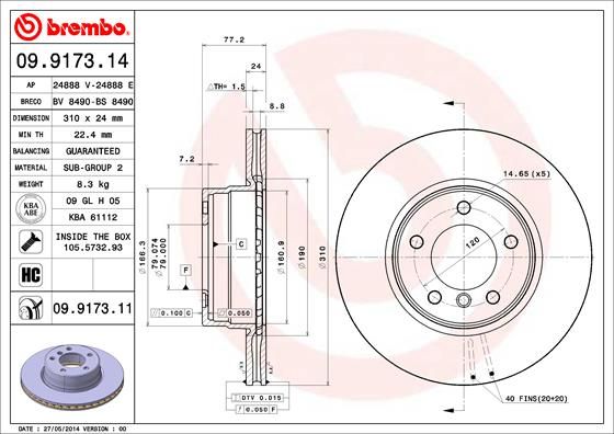 Brembo 09.9173.14 High-Carbon Brake Disc Rotor for BMW 5 Series - Internally Vented, 310mm x 24mm, 5-Hole, with Bolts & Screws