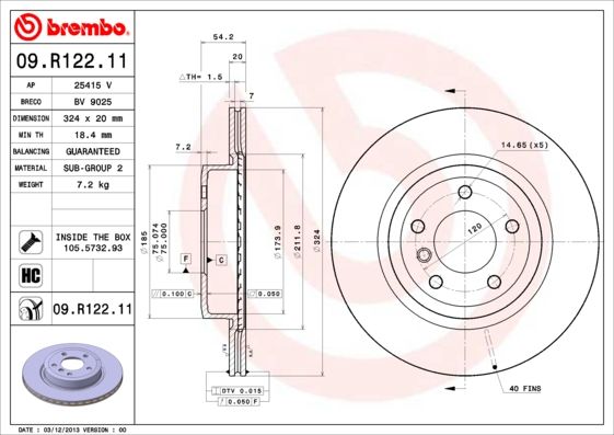 Brembo Coated Disc Line 09.R122.11 Brake Disc for BMW Z4 Roadster (E89) – Internally Vented, High-Carbon, Coated, 324mm x 20mm, 5-Bolt, Includes Bolts/Screws