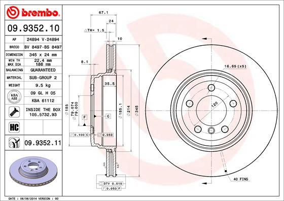 Brembo 09.9352.10 Brake Disc Rotor for BMW 7 Series E65 E66 E67 – 345mm x 24mm, High‑Carbon, Internally Vented, 5‑Stud – With Bolts/Screws
