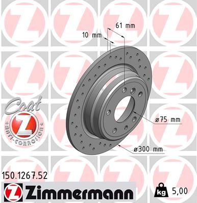 Zimmermann Sport Coat Z 150.1267.52 Performance Brake Disc for BMW 5 Series – 300mm Solid Perforated (Drilled) Coated High-Carbon Rotor