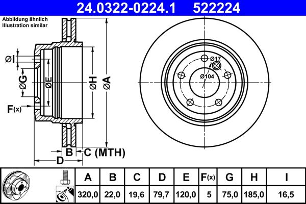 ATE PowerDisc 24.0322-0224.1 Brake Disc for BMW X3 (E83) – 320mm Vented, Coated, High-Carbon, 22mm, 5-Stud – Includes Bolts/Screws