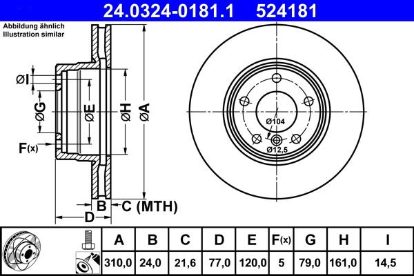 ATE PowerDisc 24.0324-0181.1 Brake Disc for BMW 5 Series Vented, Coated, High-carbon, with bolts/screws