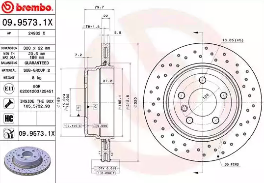Brembo XTRA Line 09.9573.1X Drilled & Vented High-Carbon Coated Brake Disc for BMW X3 (E83), 320mm x 22mm, 5-Hole – Perforated Performance Rotor, Direct Fit, with Bolts/Screws