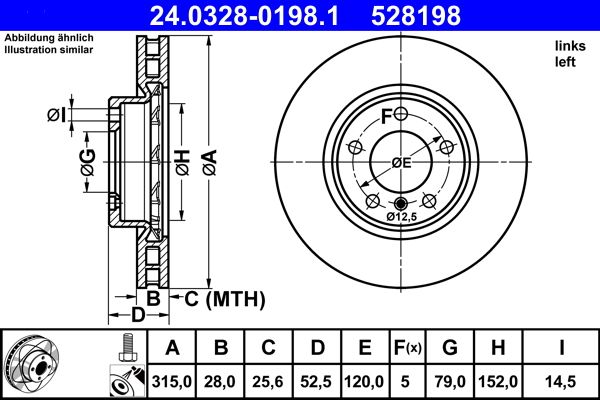 ATE PowerDisc 315mm Brake Disc for BMW 3 Series, 24.0328-0198.1 - Vented Grooved High-Carbon Coated Rotor, 28mm Thick, 5-Stud, Includes Bolts/Screws