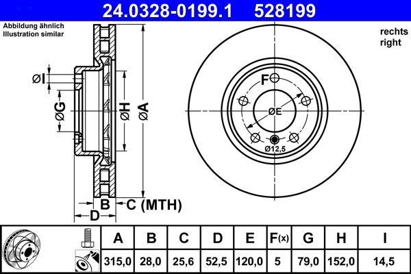 ATE PowerDisc 24.0328-0199.1 Brake Disc/Rotor for BMW 3 Series, 315mm x 28mm, Vented High-Carbon, Grooved, Anti-Corrosion Coated, 5-Stud, Includes Bolts/Screws