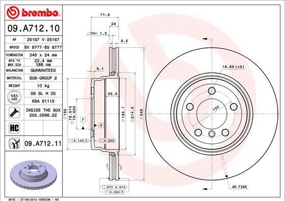 Brembo 09.A712.10 Brake Disc (Rotor) for BMW 7 Series (E65, E66, E67) - High-Carbon, Internally Vented, 345mm x 24mm, 5-Hole, Bolts/Screws Included