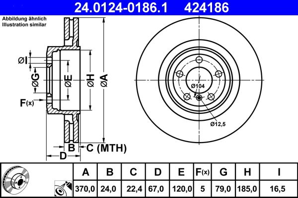 ATE 24.0124-0186.1 Brake Disc for BMW 7 (E65, E66, E67) Vented, Coated, High-carbon