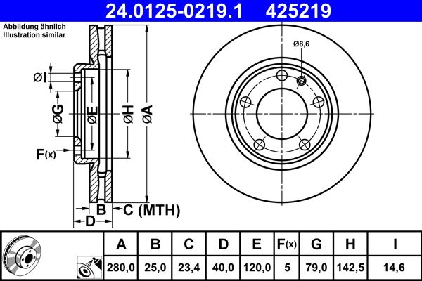 ATE 24.0125-0219.1 Brake Disc for BMW 3 Series Vented, Coated, High-carbon