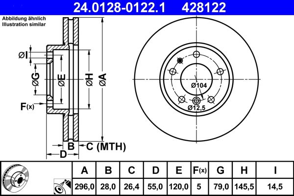 ATE 24.0128-0122.1 Brake Disc for BMW 5 Series Vented, Coated, High-carbon