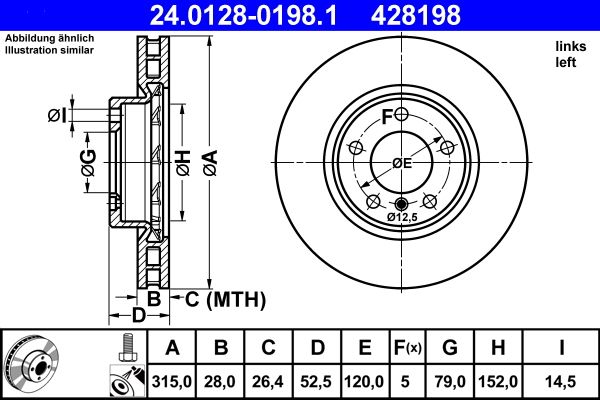 ATE 24.0128-0198.1 Brake Disc for BMW 3 Series Vented, Coated, High-carbon, with bolts/screws