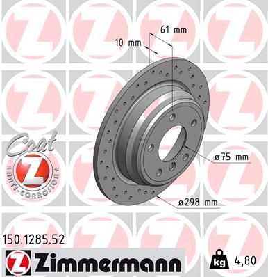 Zimmermann Sport Coat Z Brake Disc 150.1285.52 for BMW 5 Series (E39) Saloon Rear – 298x10mm, Drilled, Solid, High Carbon, Coat Z Coated Rotor