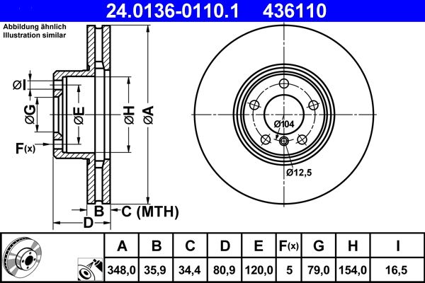 ATE 24.0136-0110.1 Brake Disc for BMW 7 (E65, E66, E67) Vented, Coated, High-carbon