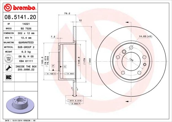 Brembo 08.5141.20 High Carbon Solid Brake Disc Rotor for BMW 5 Series, 302mm x 12mm, 5-Hole, Bolts/Screws Included, OEM Replacement