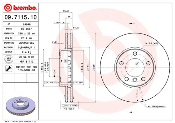 Brembo 09.7115.10 Brake Disc for BMW 5 Series, 296mm x 28mm, Internally Vented, 5-Stud, with Bolts/Screws