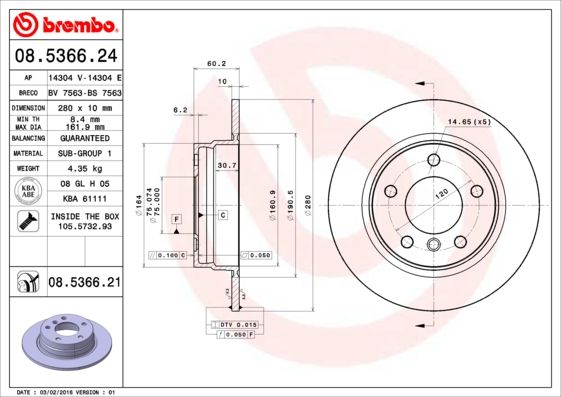 Brembo 08.5366.24 Brake Disc Rotor for BMW 3 Series, Solid 280 x 10 mm, 5-Stud, Includes Bolts/Screws, OEM Quality Replacement