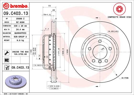 Genuine Brembo 09.C403.13 Two-Piece Brake Disc/Rotor for BMW 1 Series, 338mm x 26mm, 5-Stud – Internally Vented, High-Carbon, Coated – With Bolts/Screws
